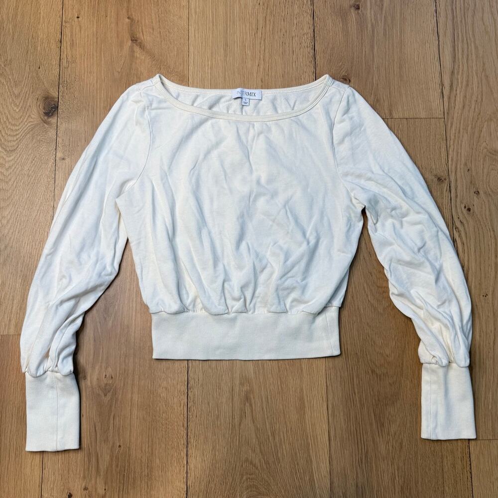 INTERMIX Khloe One-Shoulder Off-Shoulder Ivory Cream Scrunchy Sweatshirt